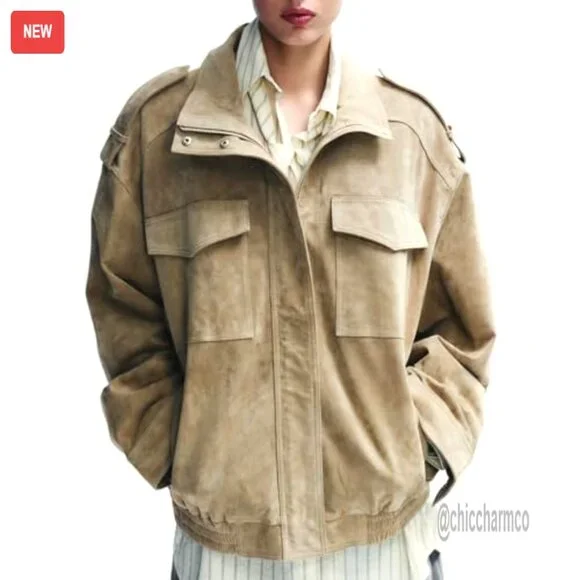 Faux Suede Bomber Jacket Oversized Blazer Long Sleeve Zipper Lapel - Picture 6 of 7